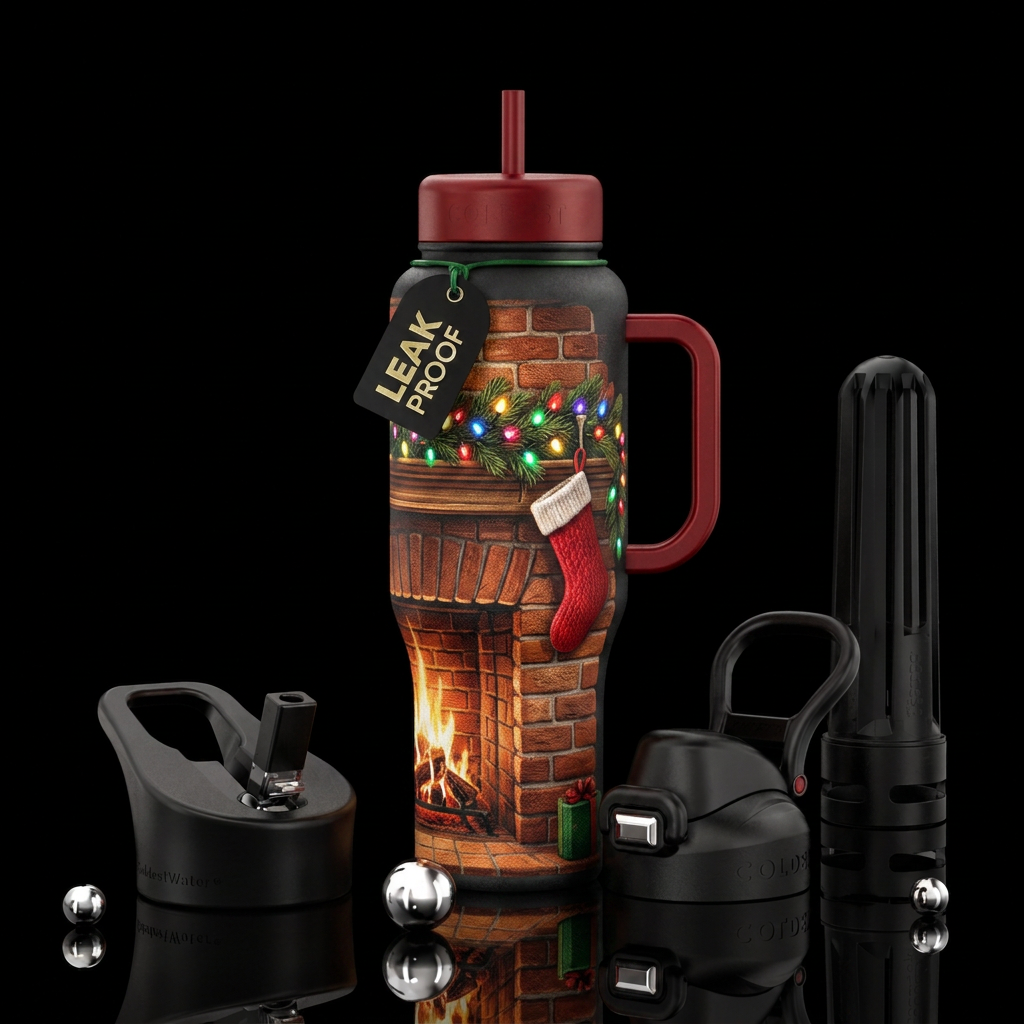 Christmas lights and stocking by the fire water bottle design