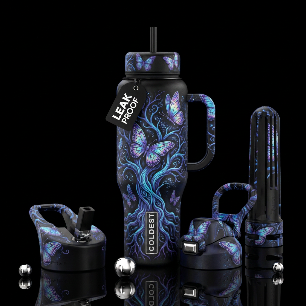 whimsical, trees, darkness, magic, butterfly water bottle design