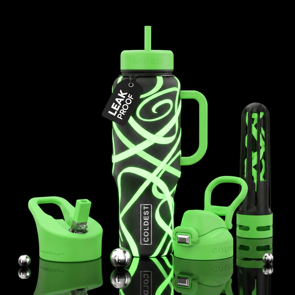 Glow in the dark ribbons water bottle design