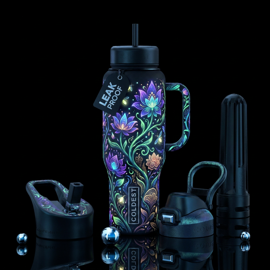 Glow in the dark, dreamy, garden water bottle design