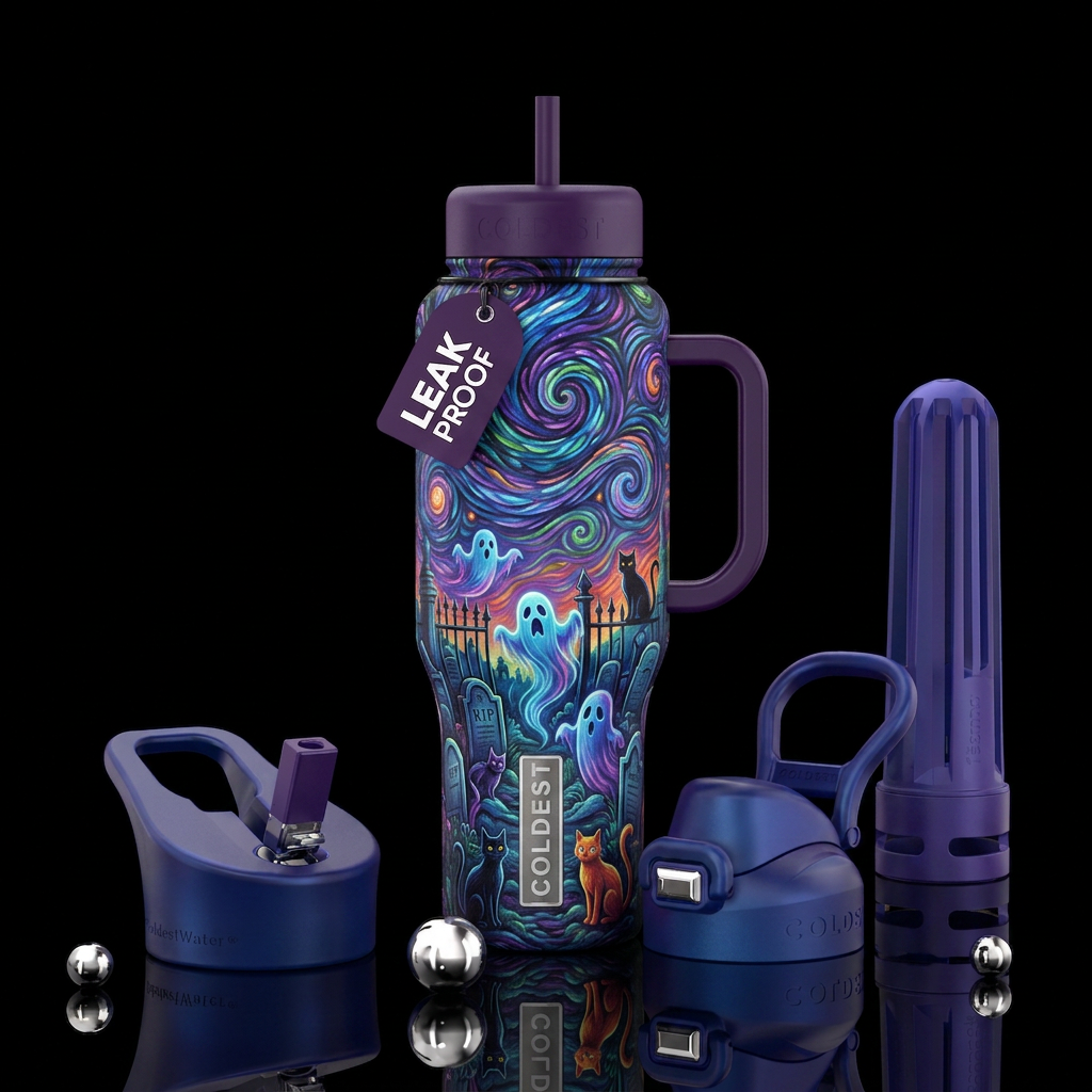 Cemetery with ghosts and cats water bottle design
