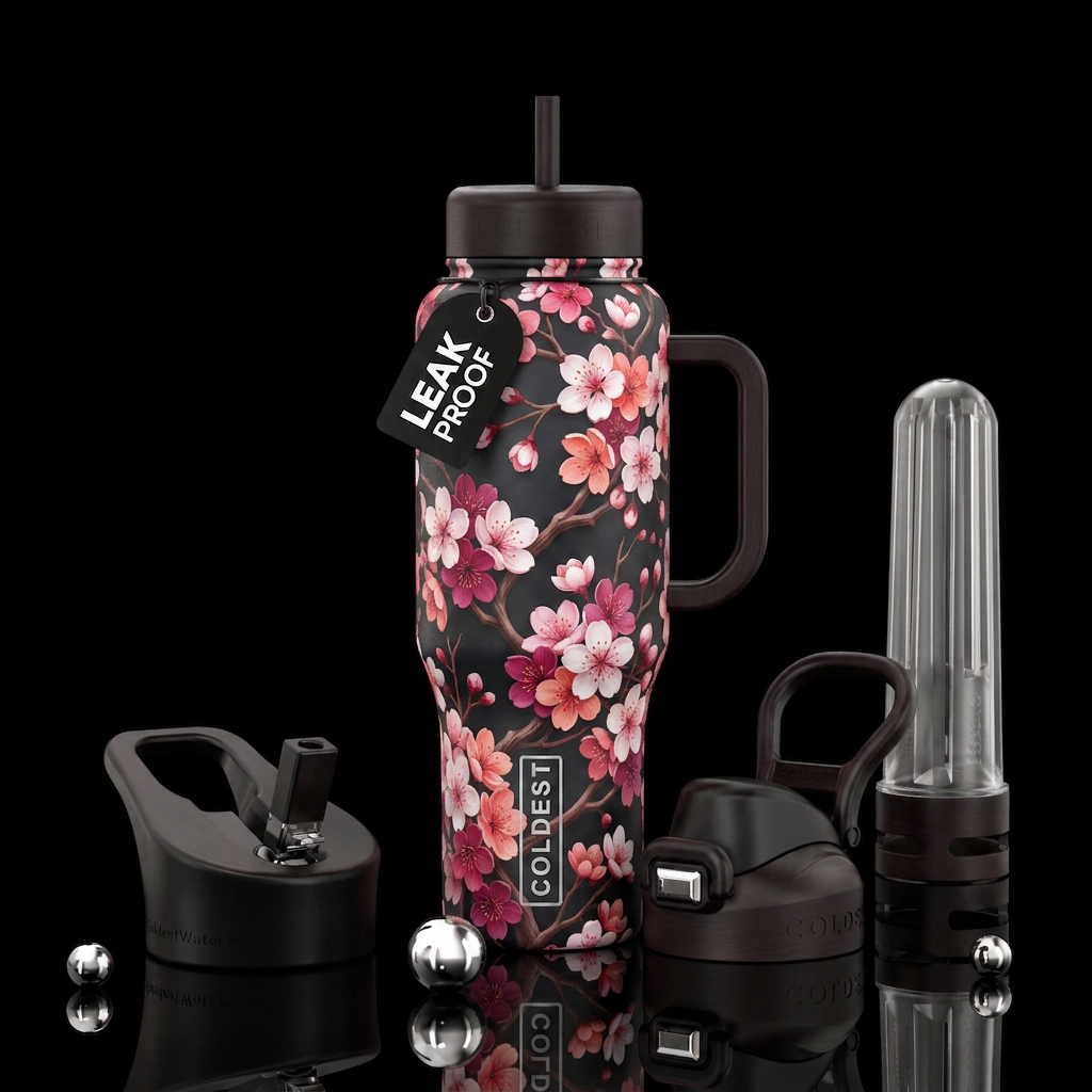 Japanese Cherry Blossom with a dark background water bottle design