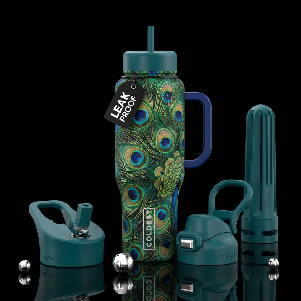 Peacock feathers water bottle design