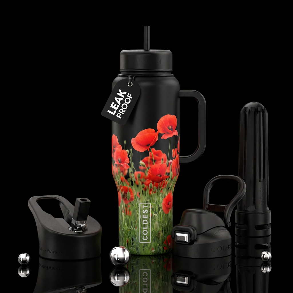 Field of poppies water bottle design