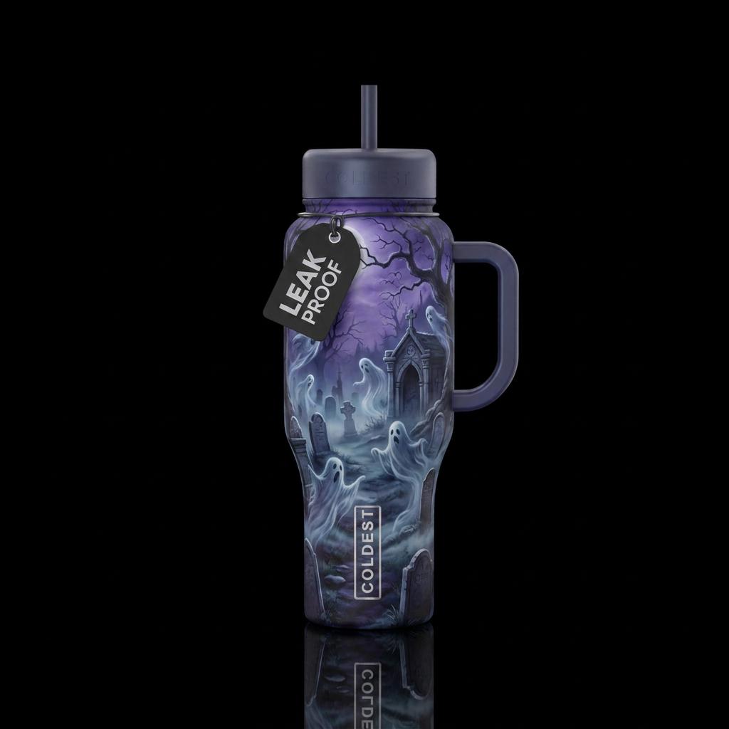 Foggy graveyard, ghosts, gradient water bottle design