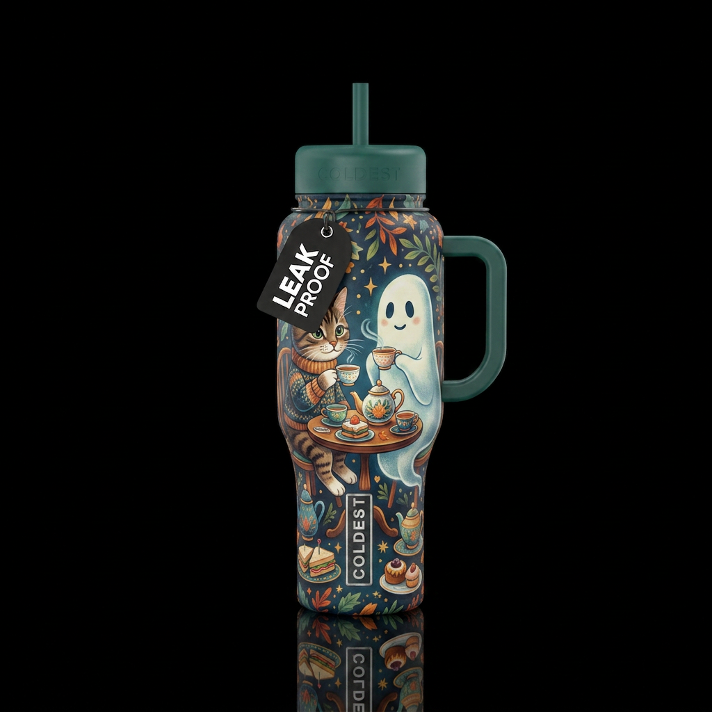 Cat and ghost having tea time water bottle design