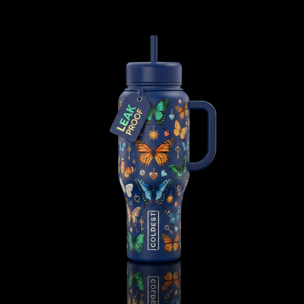 Midnight blue bottle with butterflies and charms water bottle design