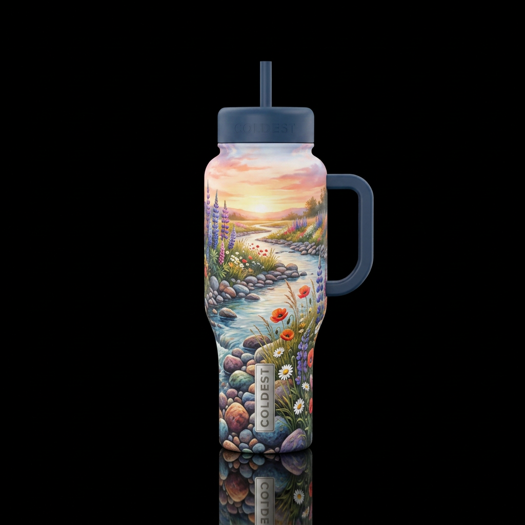 River lined with beautiful rocks and wildflowers i... water bottle design