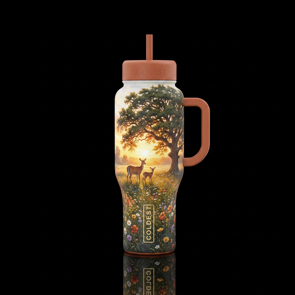 Large oak tree in a huge field of wild flowers wit... water bottle design