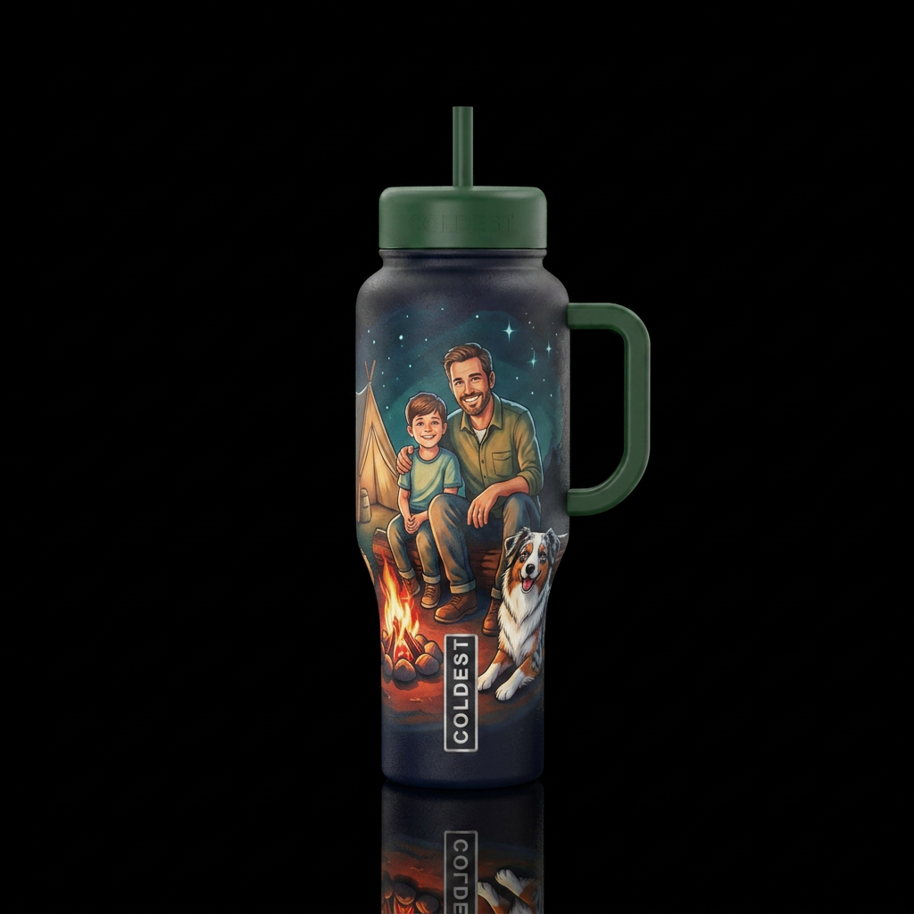 Father and son smiling around a campfire with a li... water bottle design