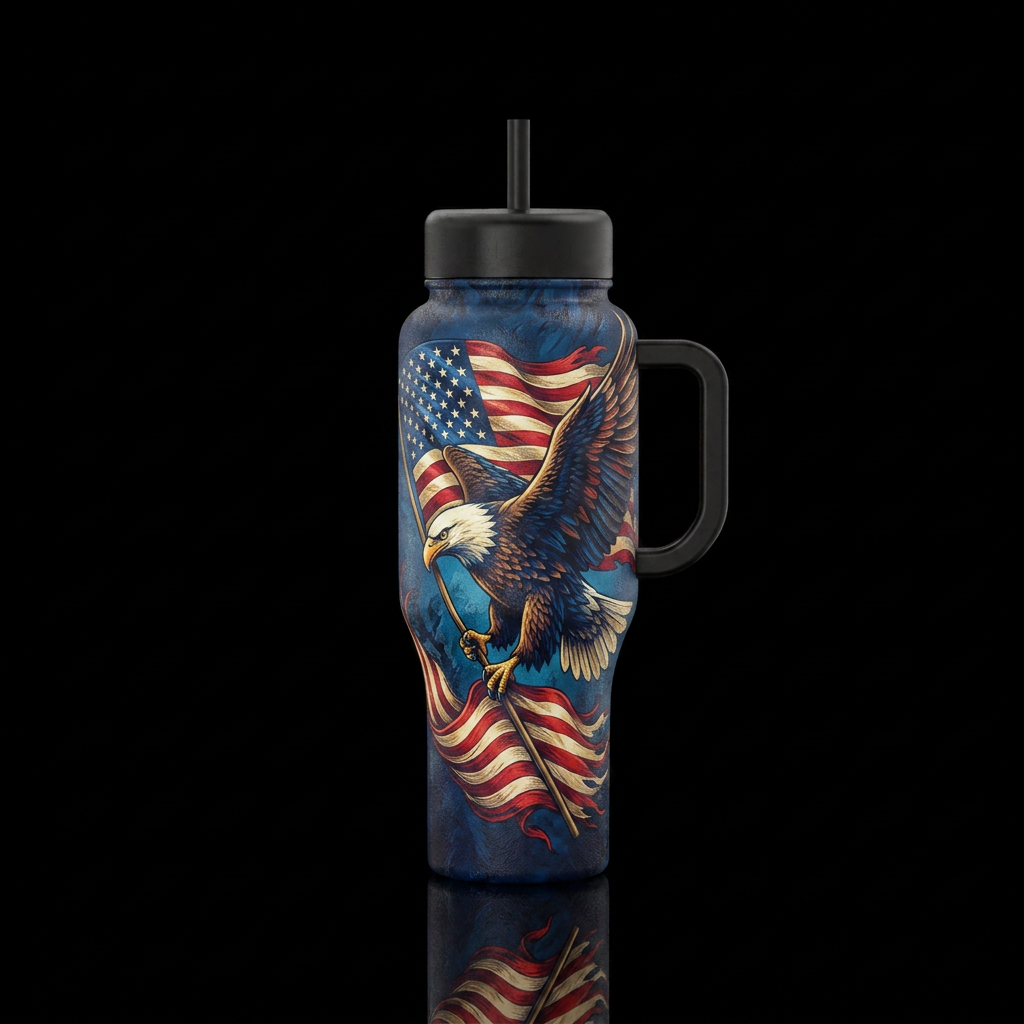 American flag carried by a bald eagle water bottle design