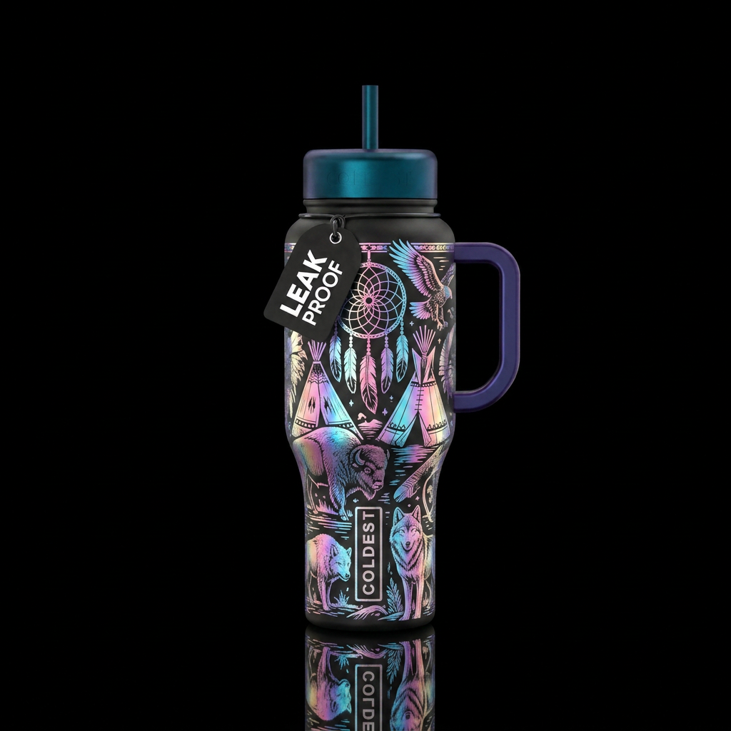 holographic dream catcher, tipi, bison, wolf, eagl... water bottle design