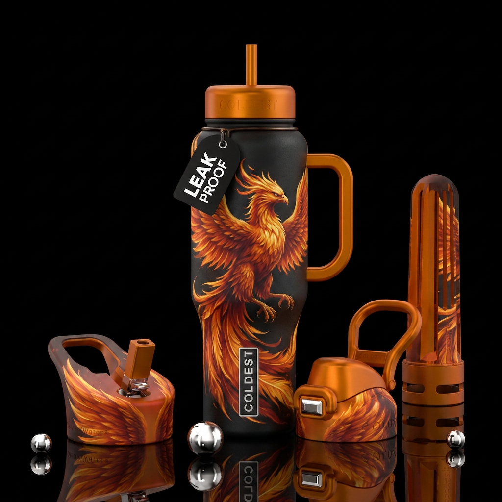 Fire phoenix in flight water bottle design