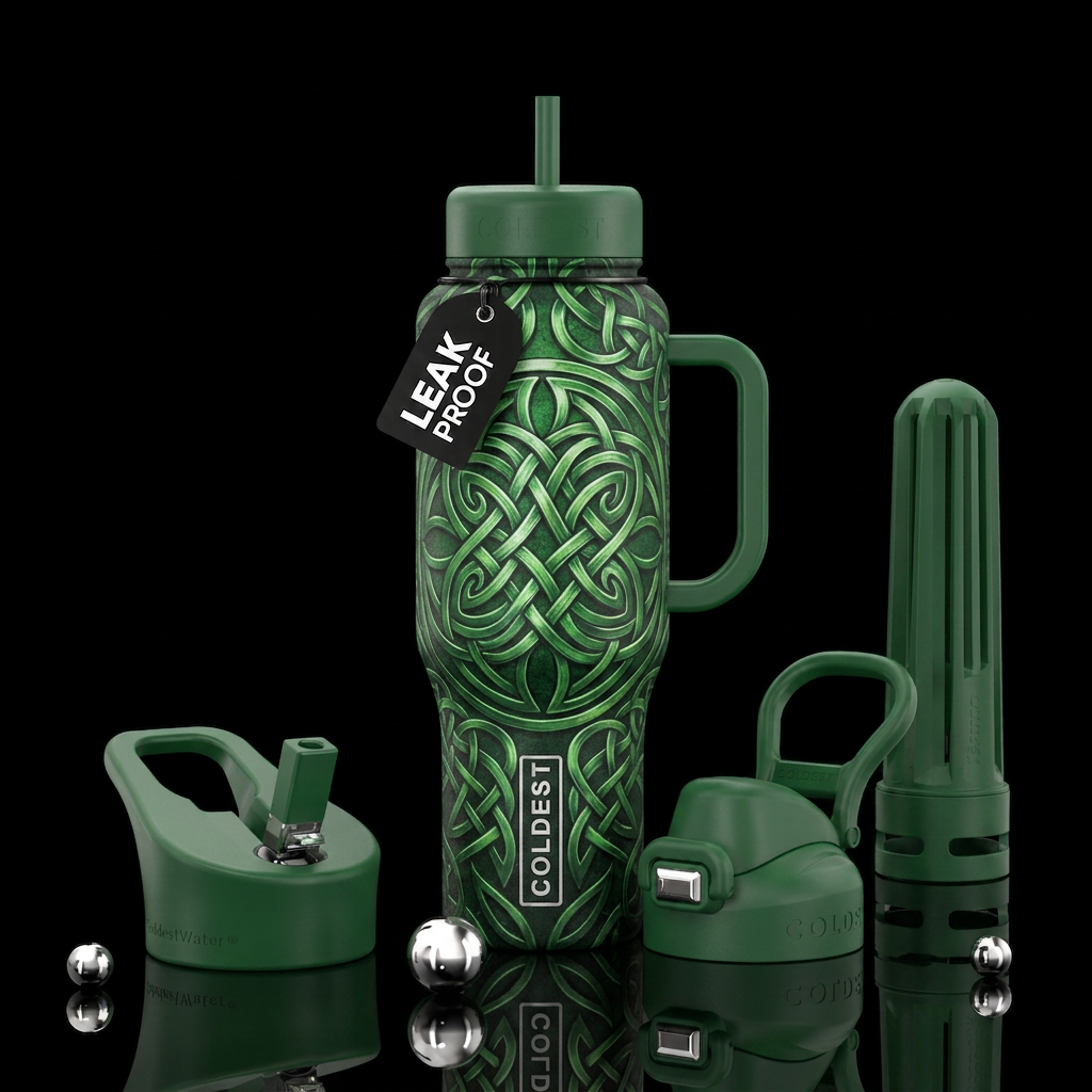 Green bottle with swirls and Celtic knots water bottle design