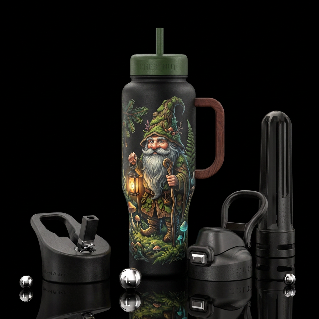 Forest gnome with lantern and walking stick water bottle design