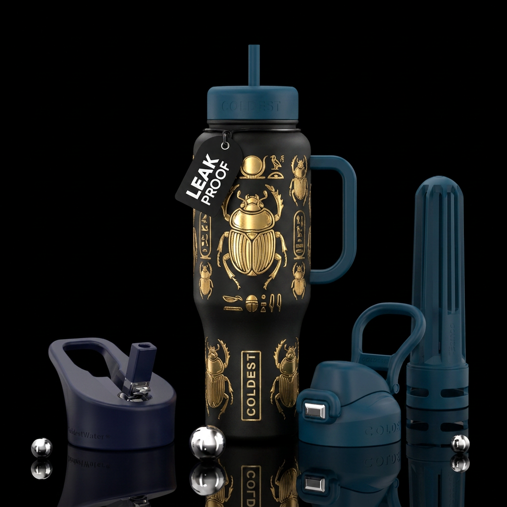 Golden scarabs water bottle design