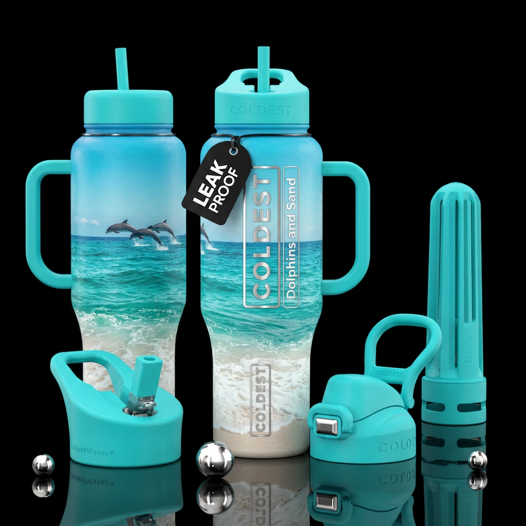 Water, waves, white sands, dolphins jumping in the... water bottle design