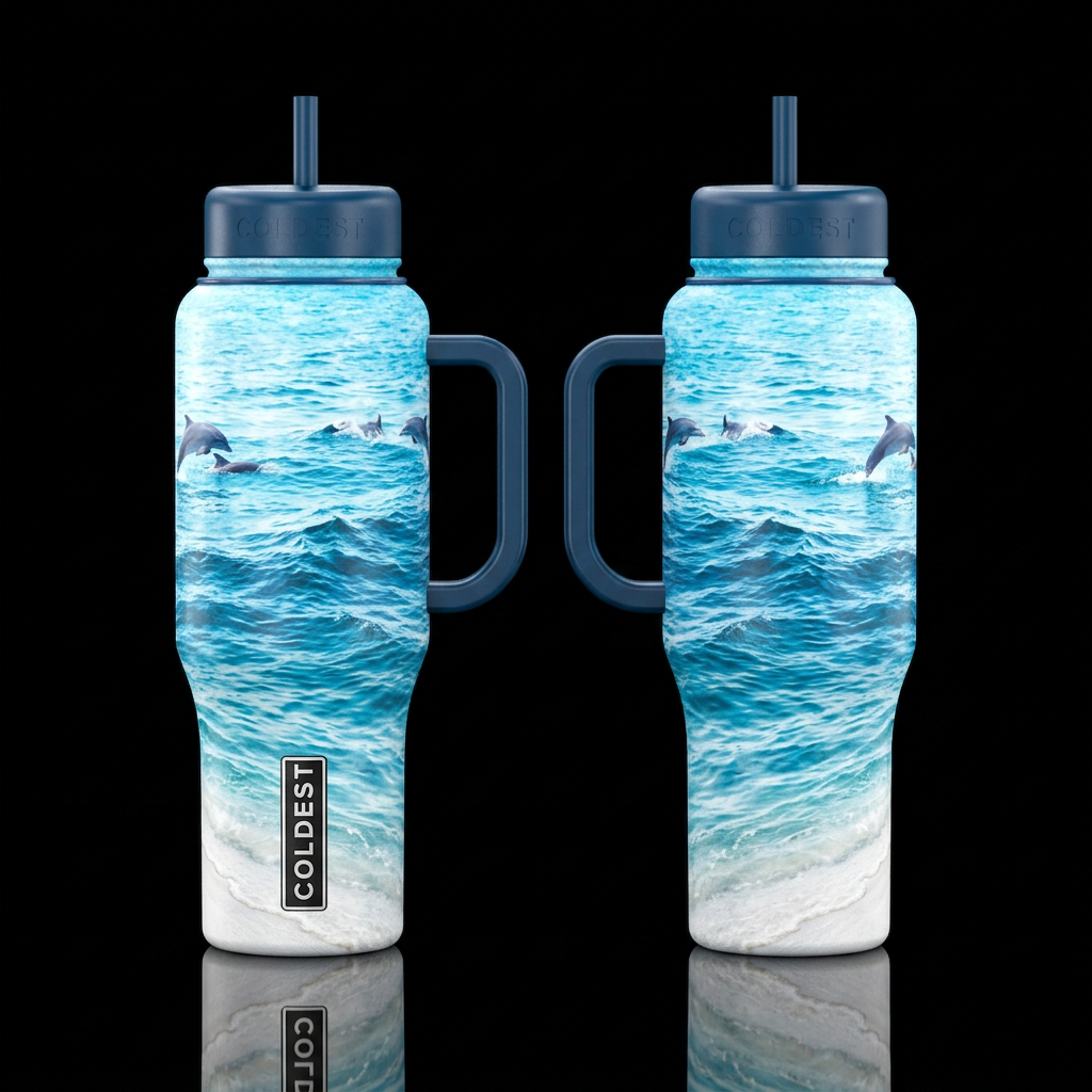 Water, waves, white sands, dolphins jumping in the... water bottle design