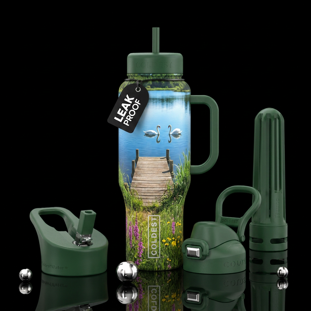 Grassy shore, dock, swans on a lake water bottle design