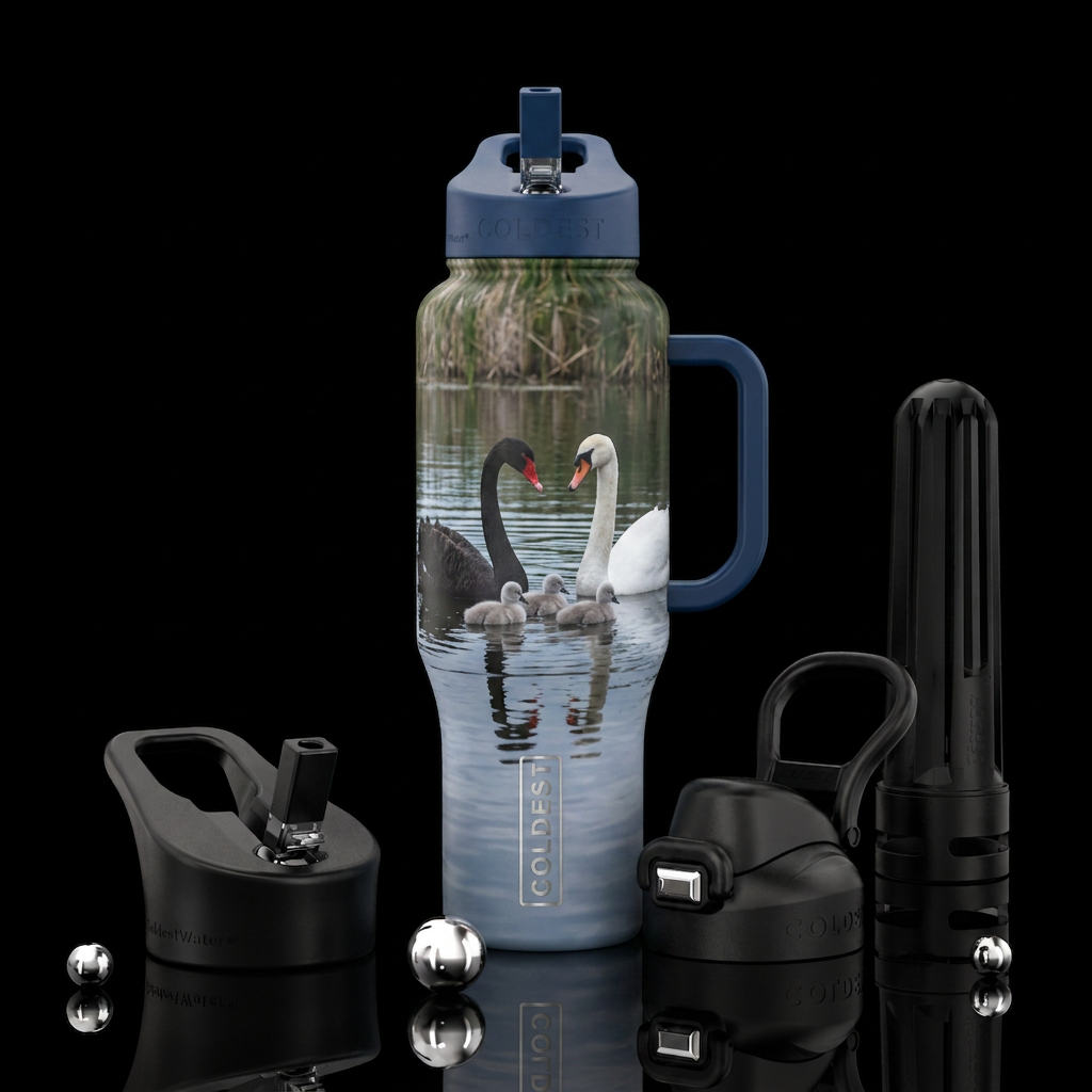 Black swan and white swan with babies on a lake water bottle design