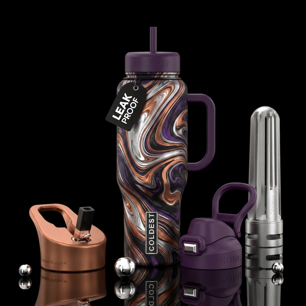 Swirls of silver, copper, dark purple and black water bottle design