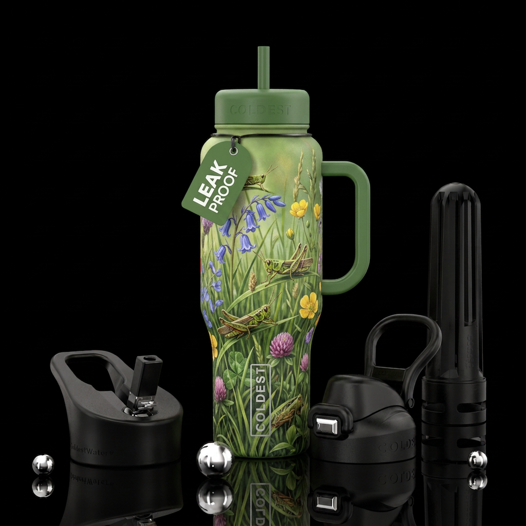 Grasshoppers in tall grass in a meafow water bottle design