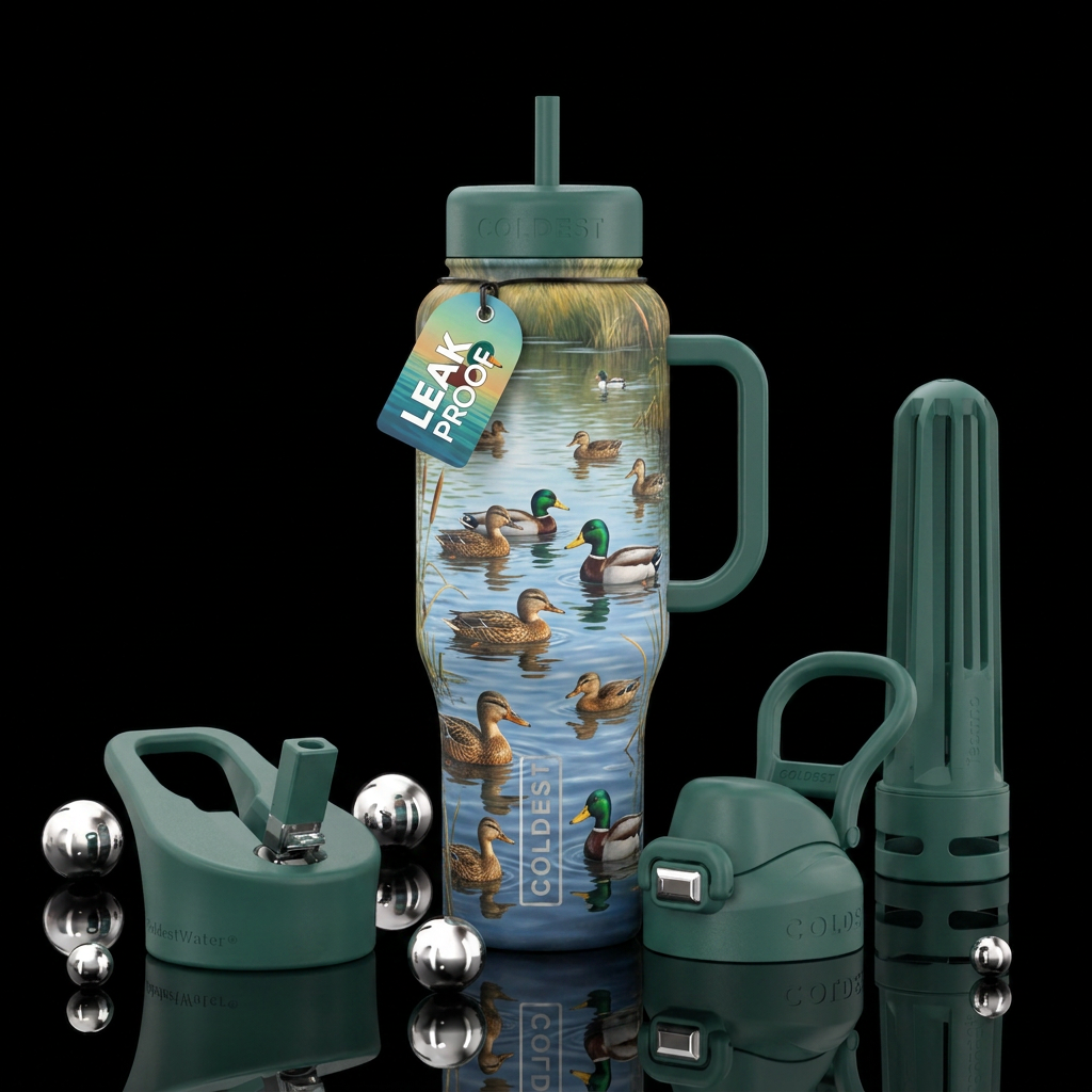 Lake with ducks water bottle design