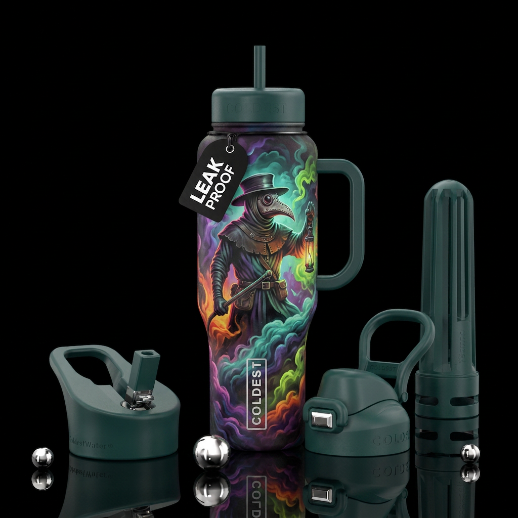 Plague doctor coming out of the mist water bottle design