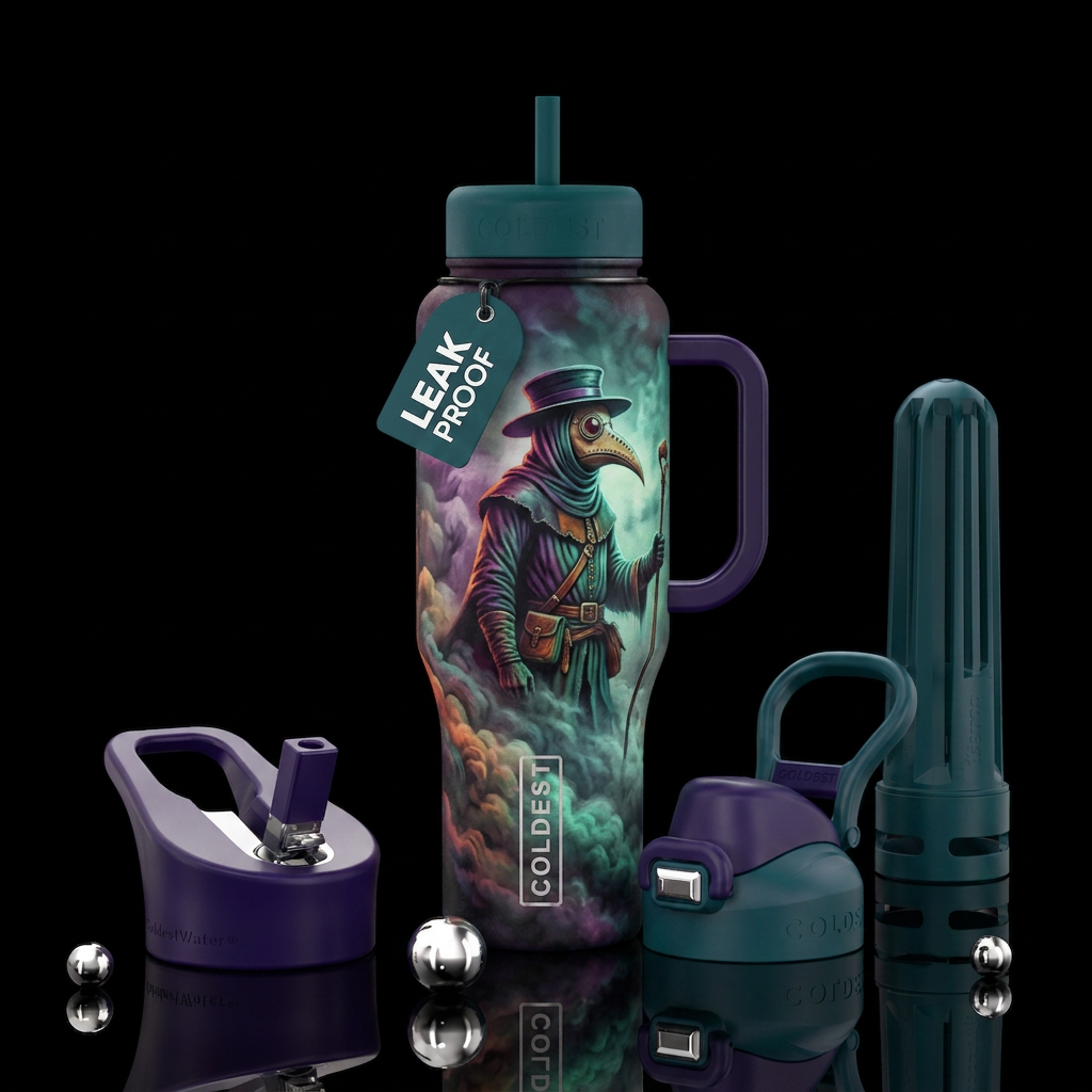 Plague doctor coming out of the mist water bottle design