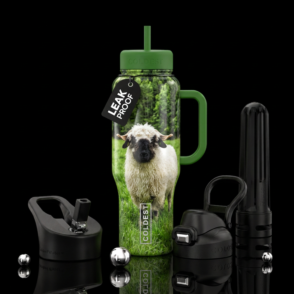 Valois black nose sheep in a grassy field with tre... water bottle design