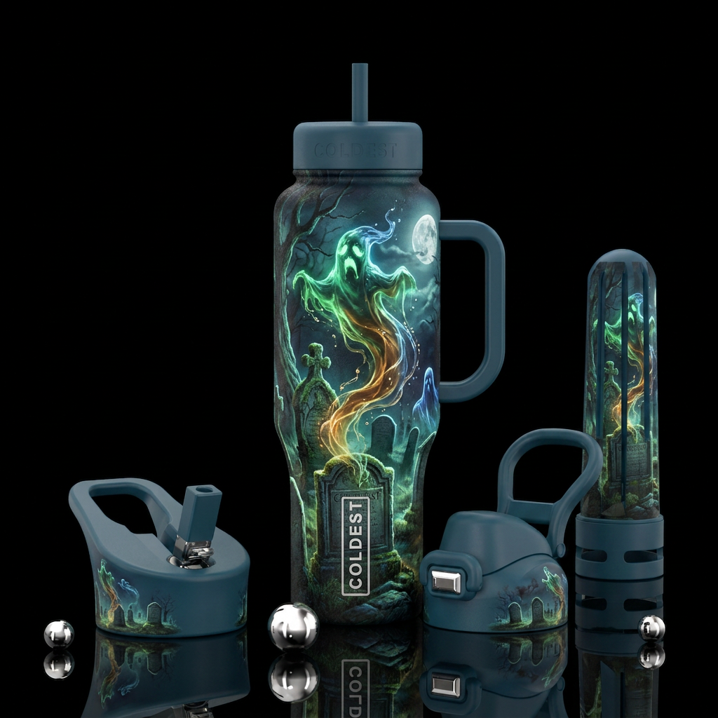 Graveyard at night with whisky specters rising fro... water bottle design
