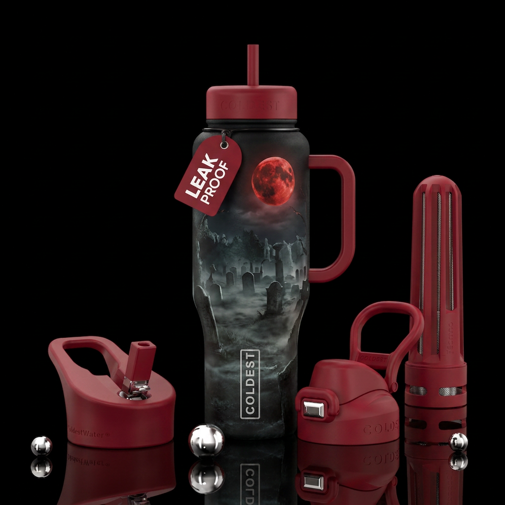 Graveyard at night, fog covering the ground, sinis... water bottle design