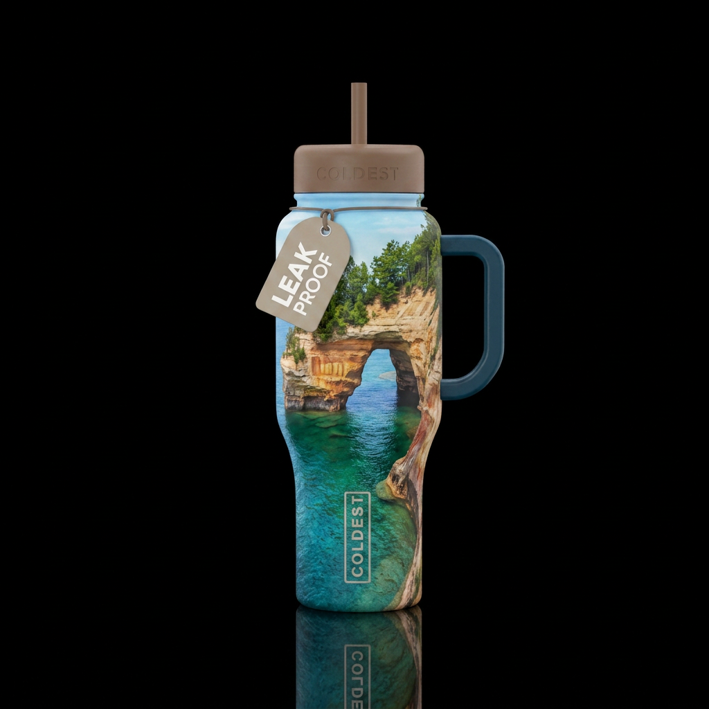 View of picture rocks Michigan water bottle design