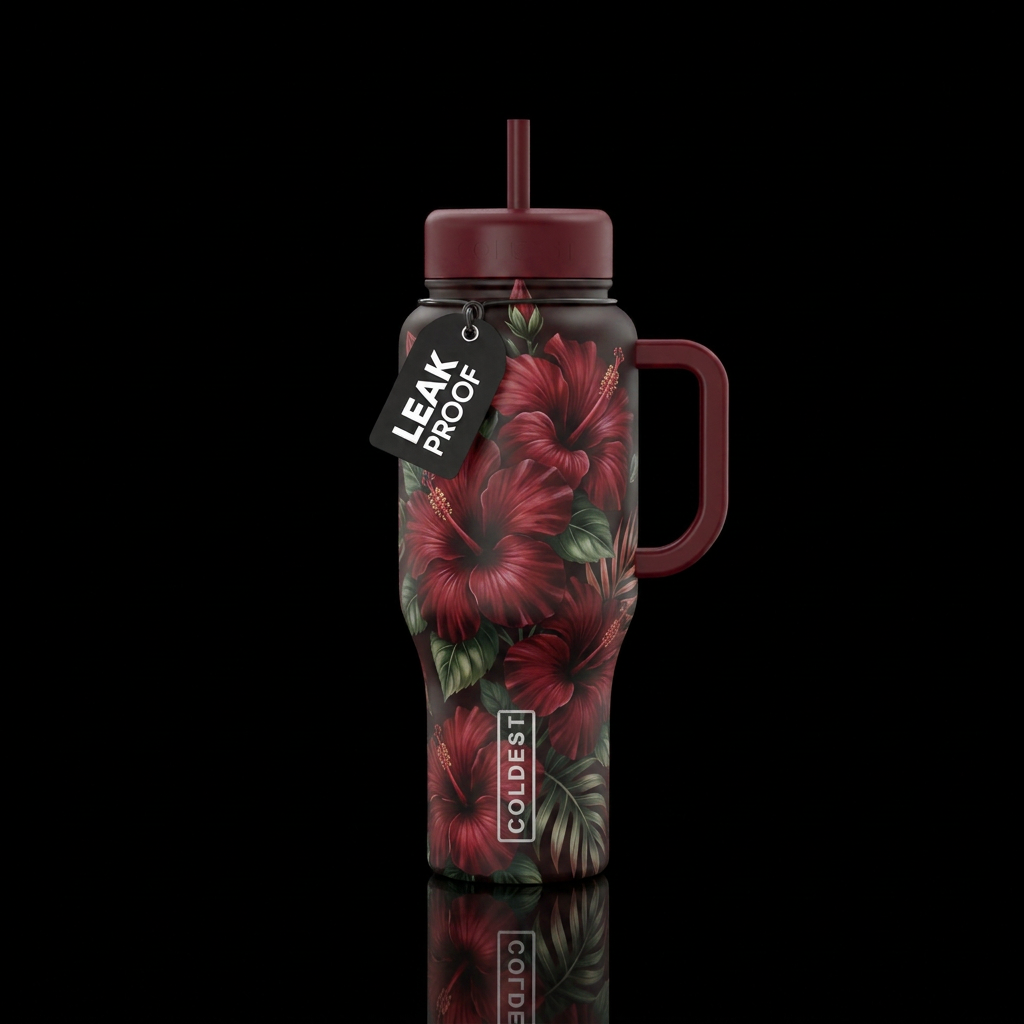 Large dark red hibiscus blooms water bottle design