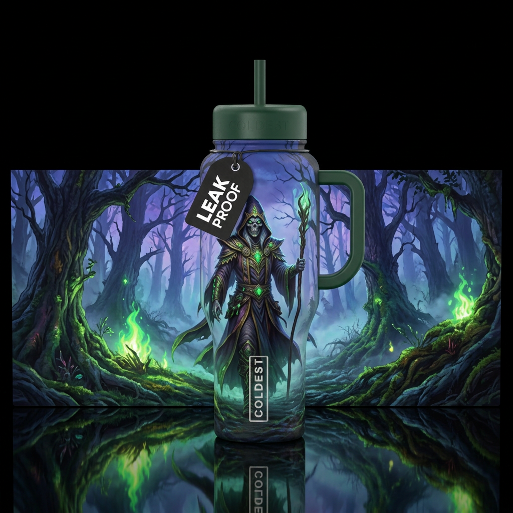 Wizard liche walking through a foggy forest at twi... water bottle design