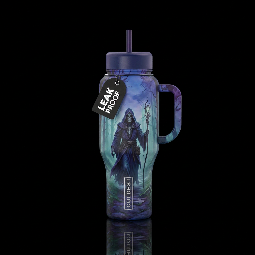 Wizard liche walking through a foggy forest at twi... water bottle design