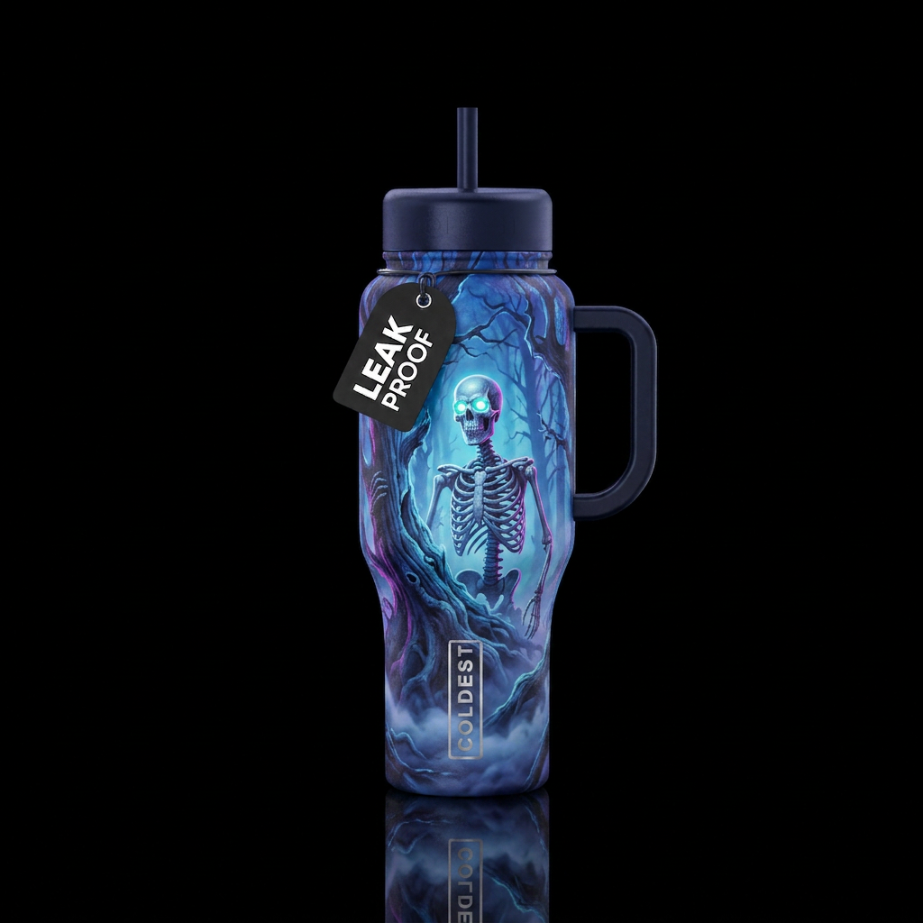 Deadwood skeleton with glowing eyes at night with ... water bottle design