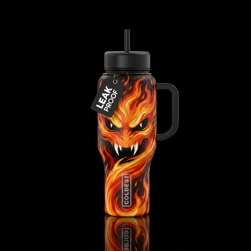 Black bottle with flames swirling around it and a ... water bottle design