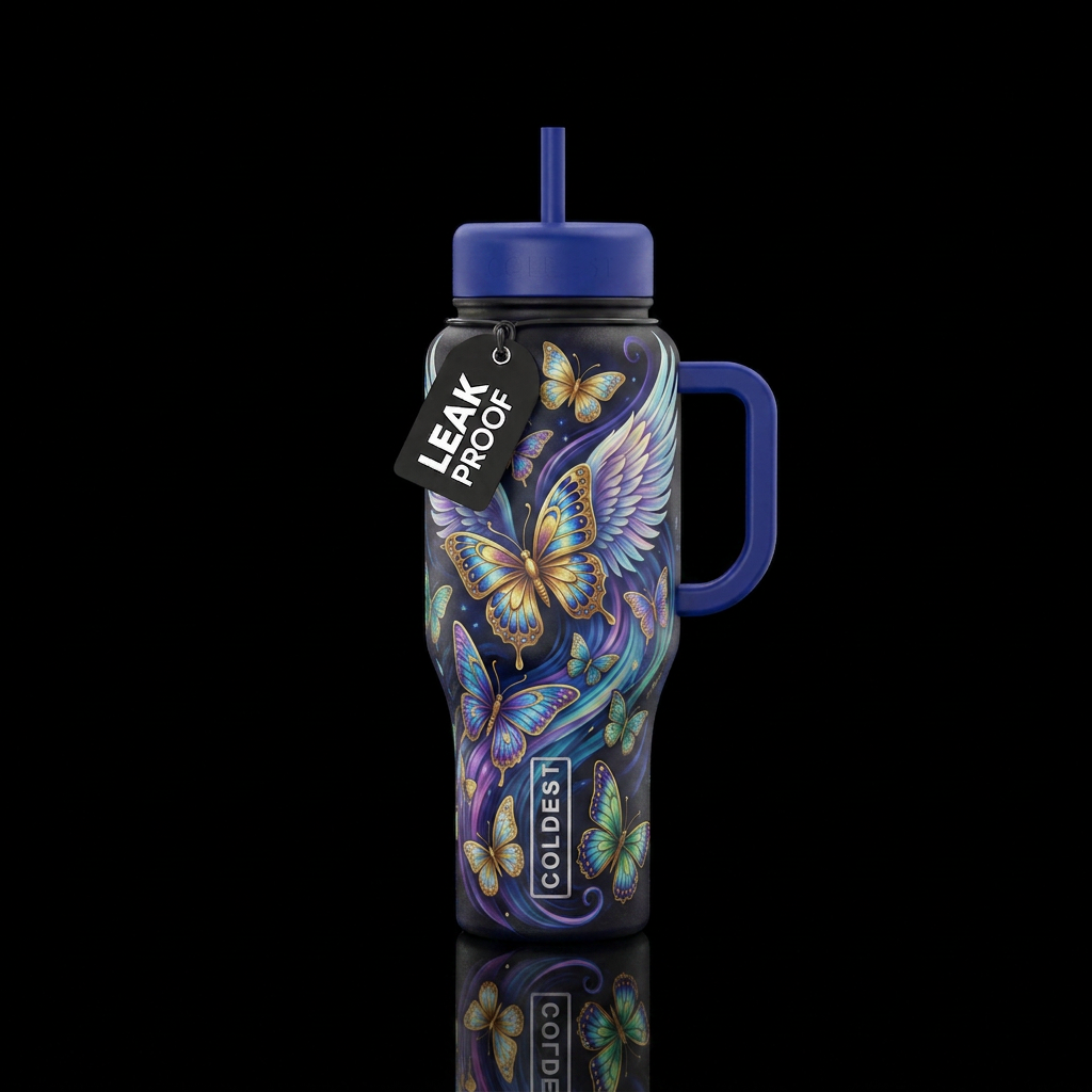 Butterflies and angelwings swirling around the bot... water bottle design