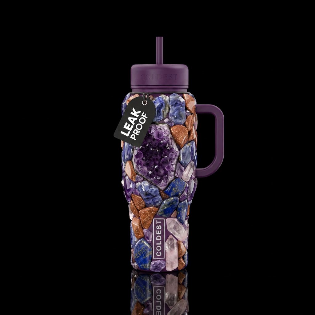 Amethyst geodes, tanzanite stones, goldstone piece... water bottle design