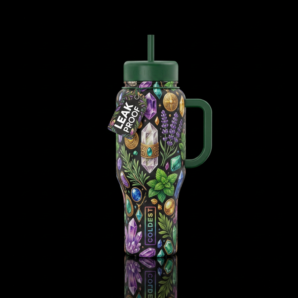 Crystals, amulets and herbs water bottle design