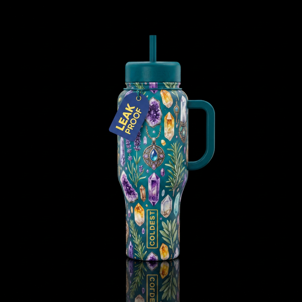 Crystals, amulets and herbs water bottle design