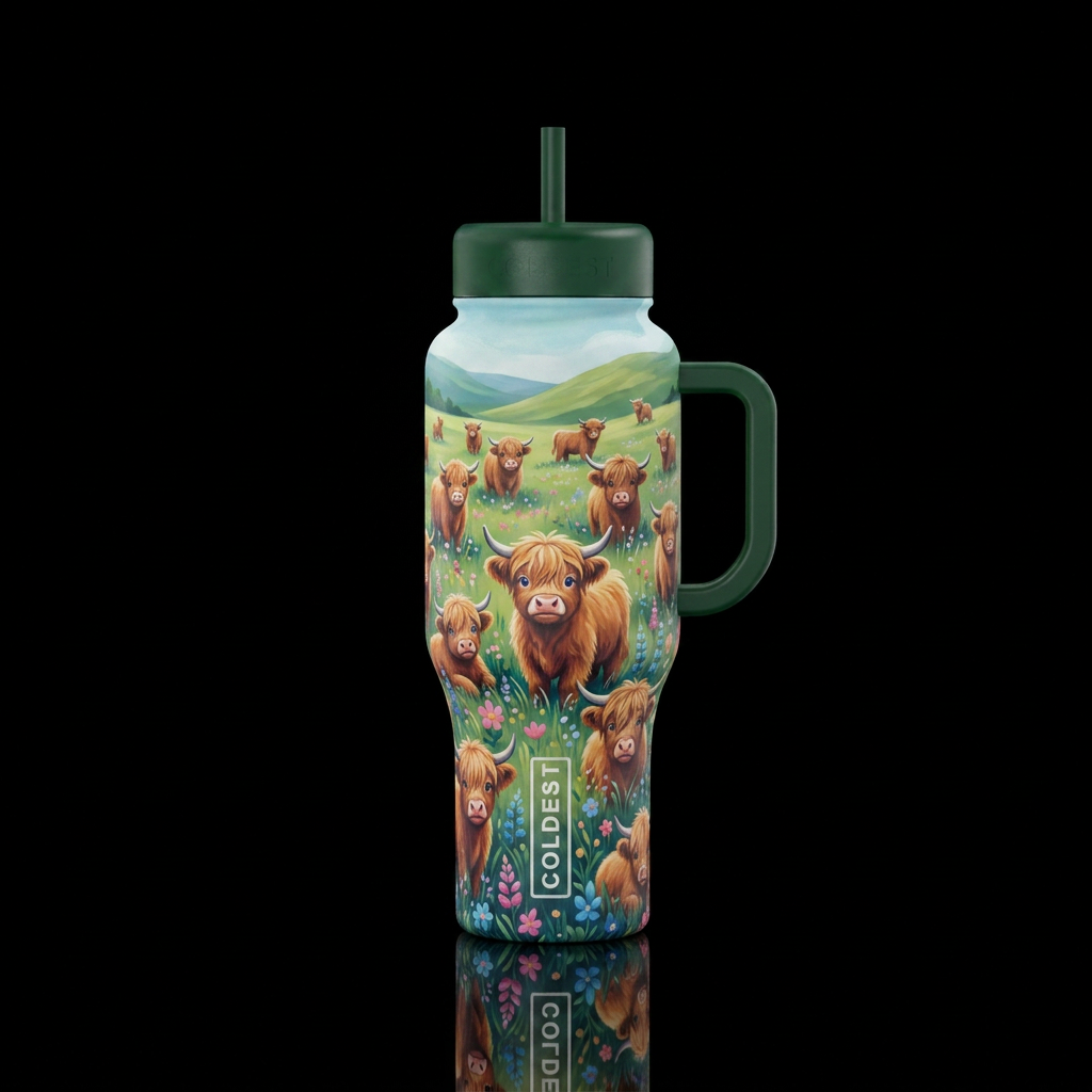 Pasture of baby highland cows water bottle design