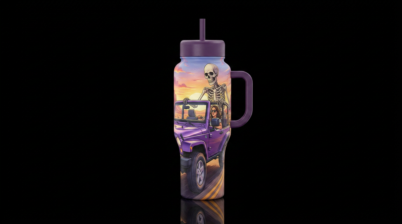Lady riding in a purple jeep with top down and a 1... water bottle design