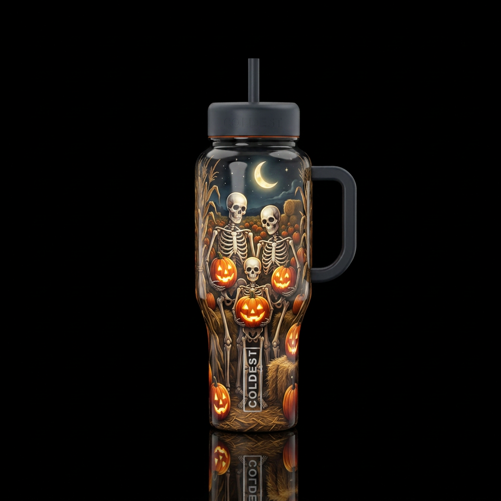 Skeleton family holding jack-o-lanterns lit up wit... water bottle design