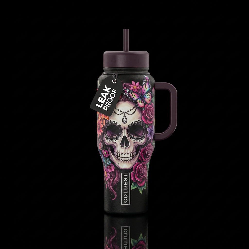 Skull with black lacy pattern around eyes sockets,... water bottle design