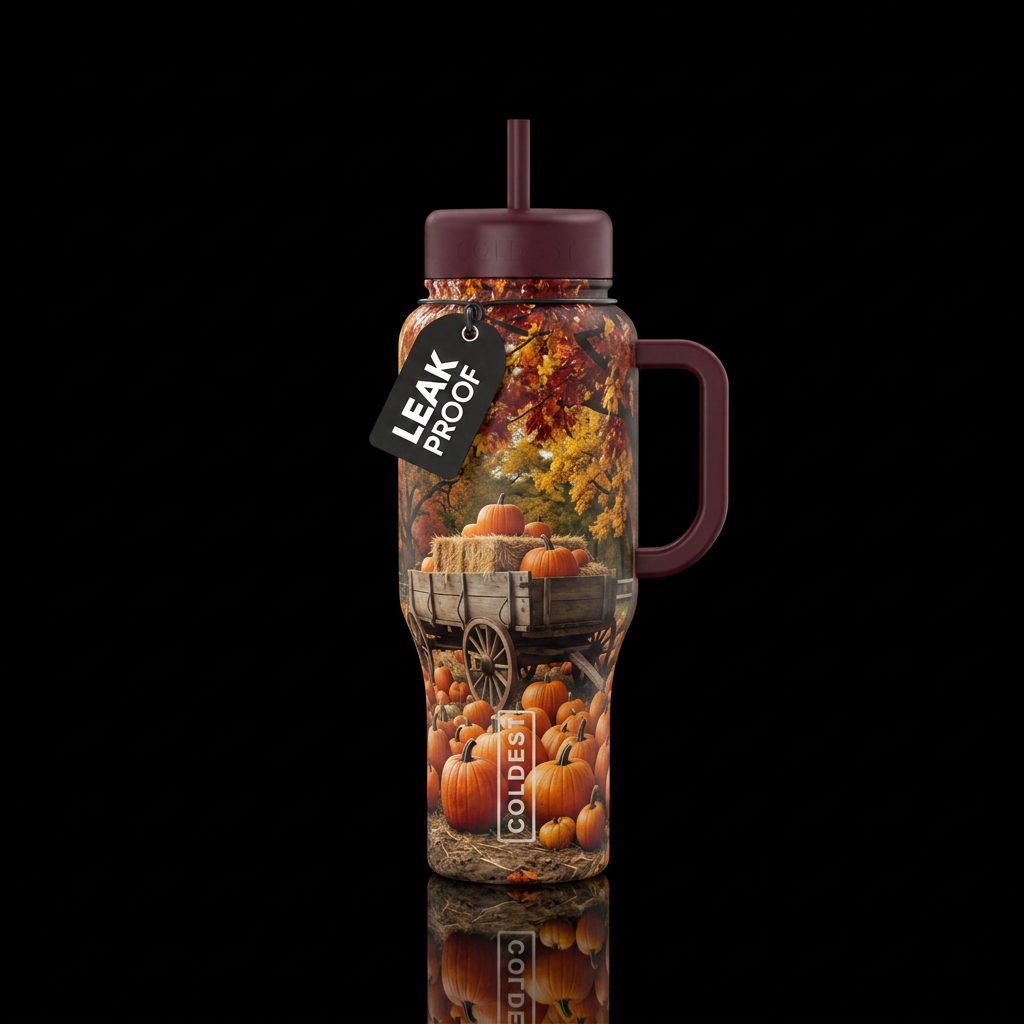 Hay wagon, pumpkin patch and trees with fall color... water bottle design