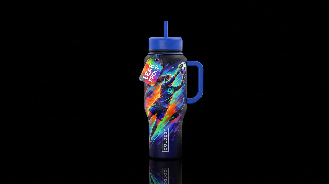 Girl Soccer keeper jumping in the air catching the... water bottle design