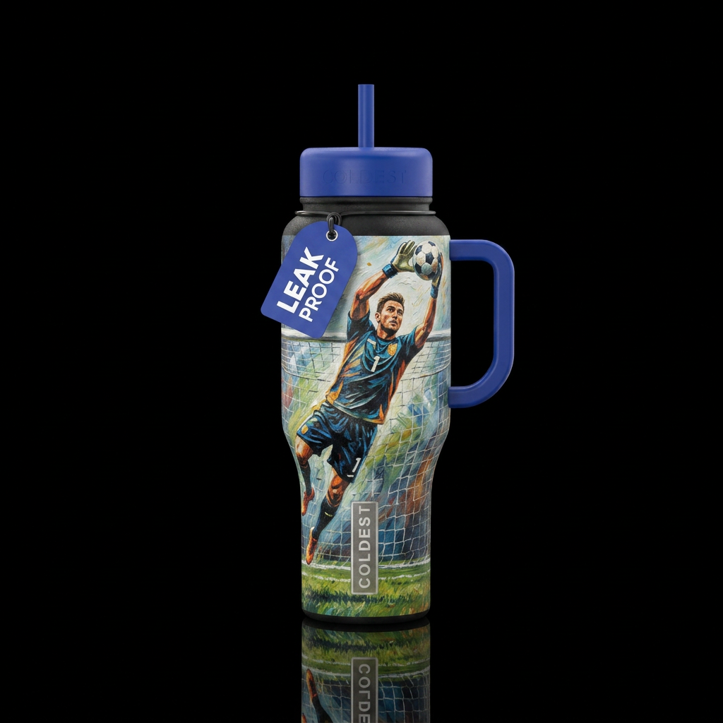 Male soccer keeper jumping up to catch the soccer ... water bottle design