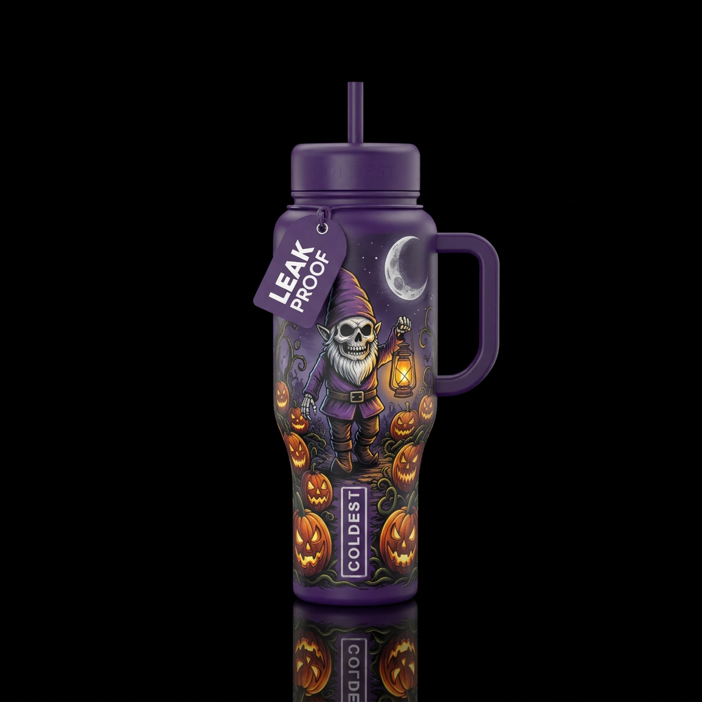 Skeleton gnome carrying a lit lantern and walking ... water bottle design